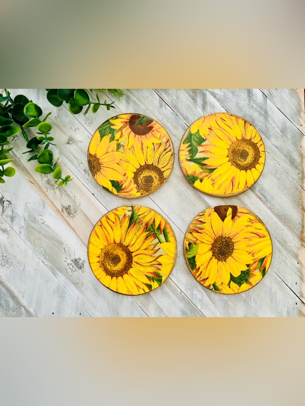 Sunflower Round Coasters - Bright Yellow Floral Set